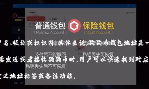 狗狗币（Dogecoin）钱包地址名称通常是指与钱包地址对应的标签或备注，它不被直接称为“名称”，而是用户名、昵称或标识符。具体来说，狗狗币钱包地址是一个独特的字符串，用于发送和接收狗狗币，而钱包名称或标签则可以帮助用户识别和区分不同的钱包地址。

对于某些钱包应用，用户可以为每个地址添加便于自己识别的名称或者备注，以使其更便于管理。这样在需要发送或者接收狗狗币时，用户可以快速找到对应的地址，而不必记住冗长的字符串。

如果你想创建或使用狗狗币钱包，建议选择一个安全且可信赖的数字货币钱包，并查看该钱包是否支持自定义地址标签或备注功能。